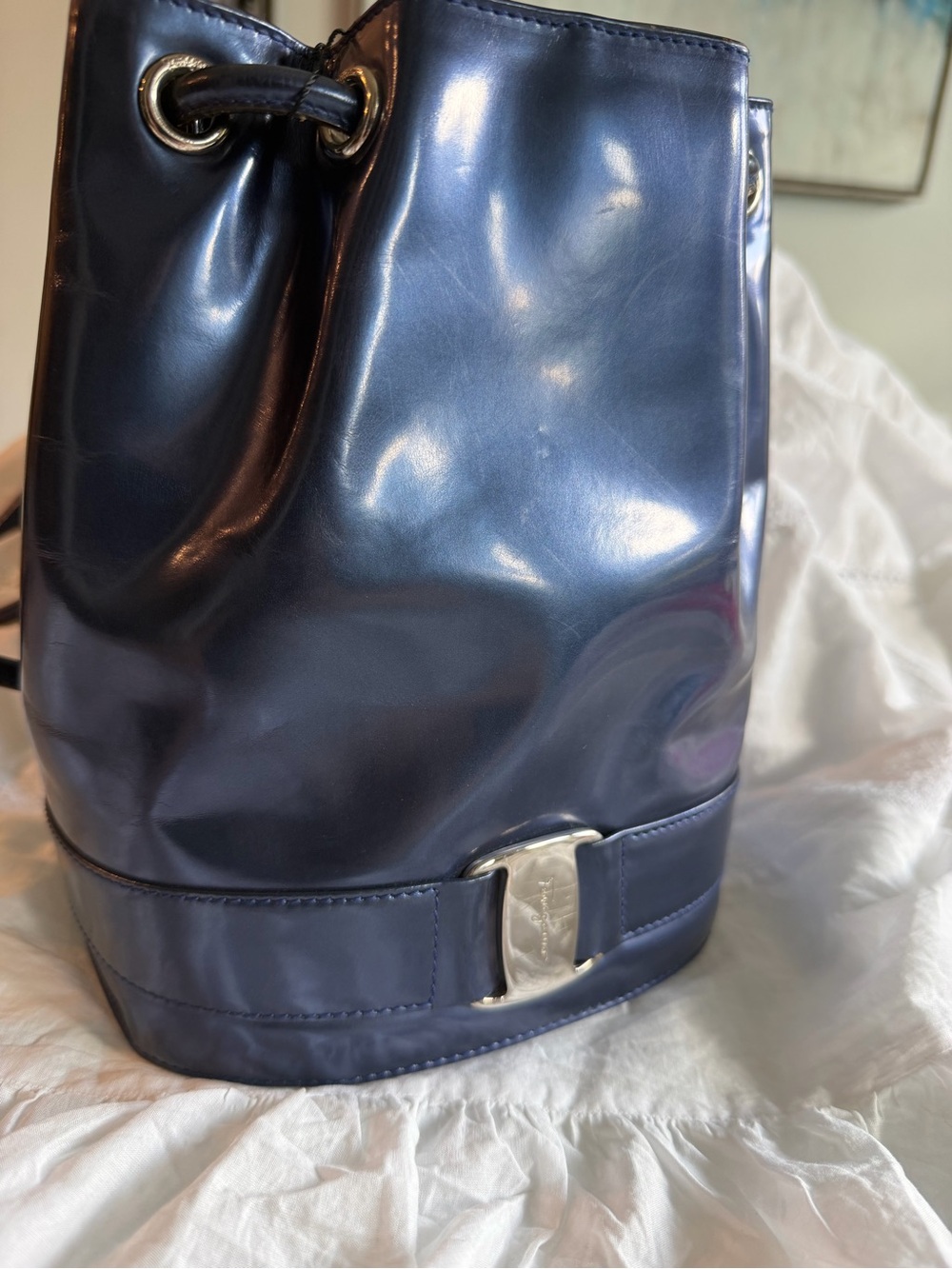 Salvatore Ferragamo Navy Patent Drawstring Bucket Bag with Silver Hardware